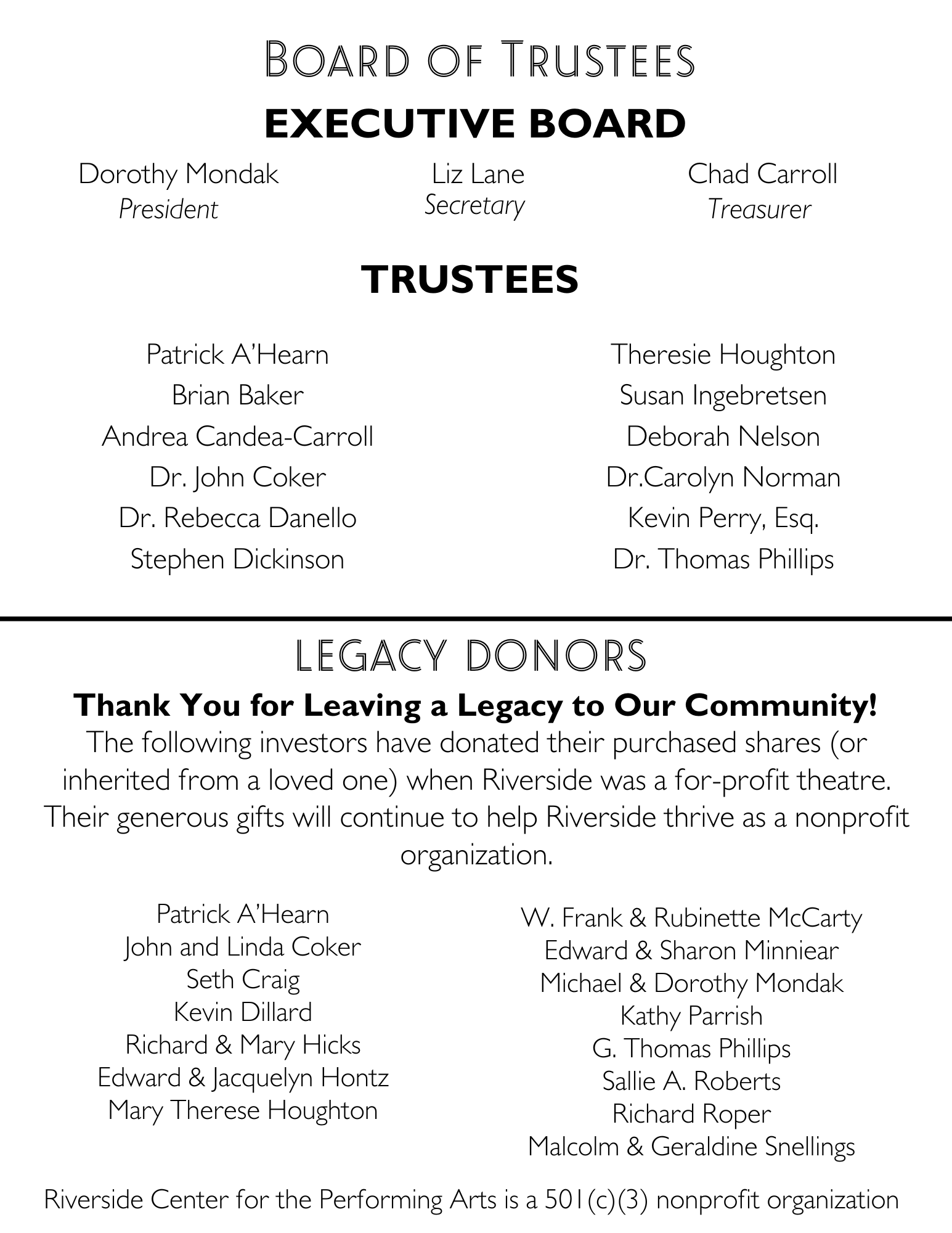 Board of Directors and Legacy Donors